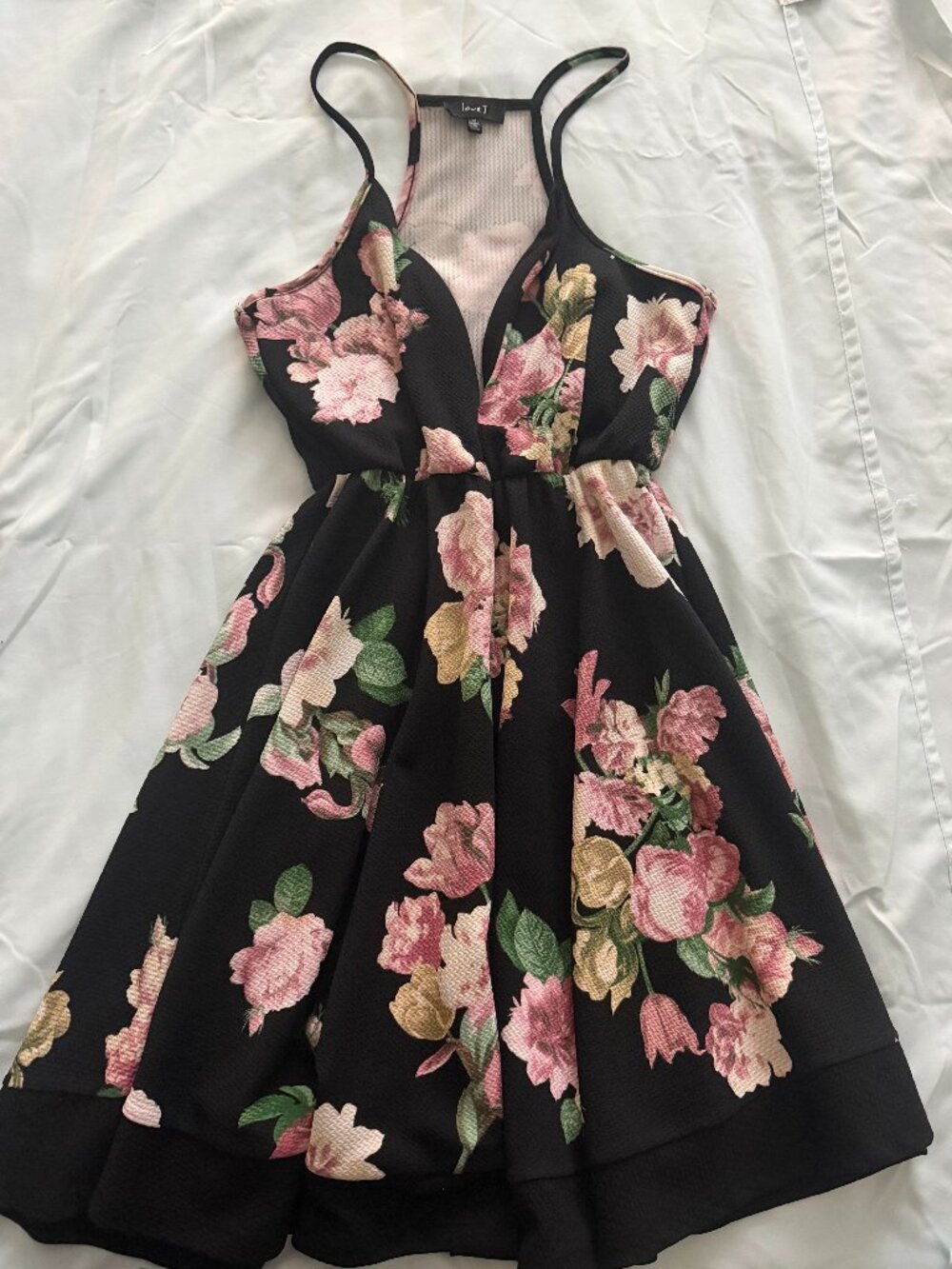Love J Black and Pink Floral Halter Skater Dress Mini Medium